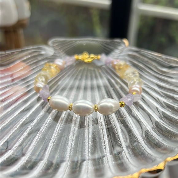 M211 Freshwater Pearl and Citrine Gem Stone Chip Bead Pink White Pearls Bracelet - Picture 2 of 2